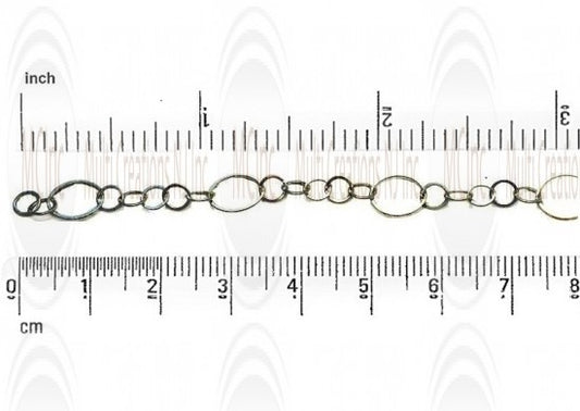 Oxidized diamond cut flat round link chain, 10mm with 3 links of 6.25mm, sold by the foot
